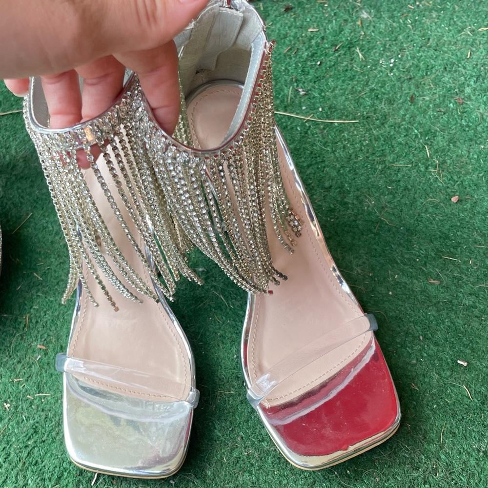 Cuccoo Baddie Collection Woman Rhinestones and Fringe Decor Chunky Heeled Ankle.